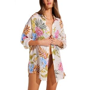 Vitamin A Summer Bloom Floral Playa Linen Boyfriend Shirt Size Small